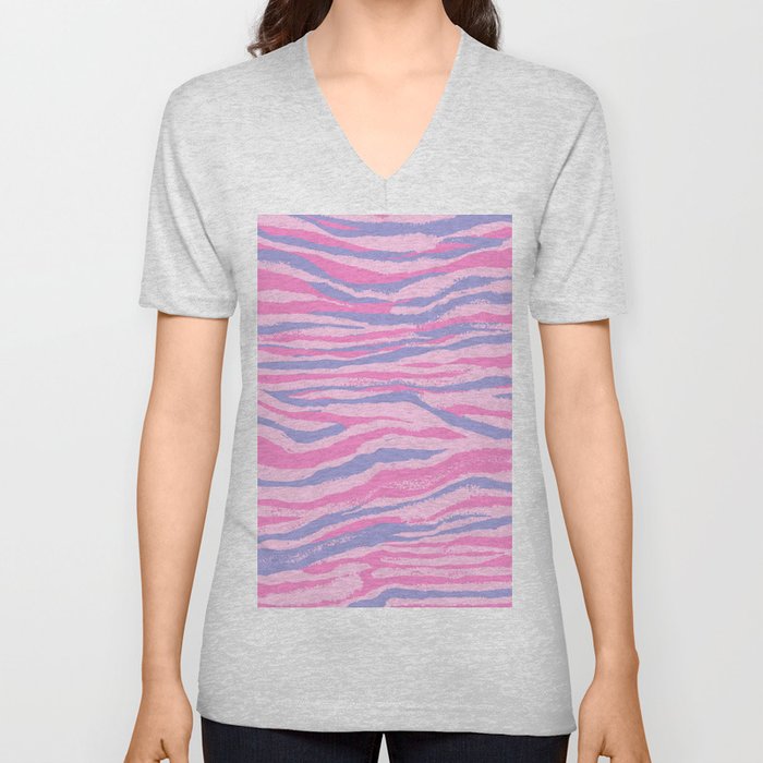 Pastel Zebra Stripes in Lavender + Pink V Neck T Shirt