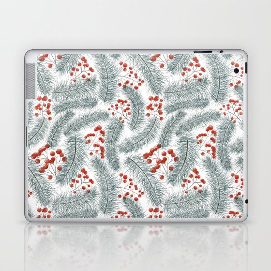 Pine branches and red berries on white Laptop & iPad Skin