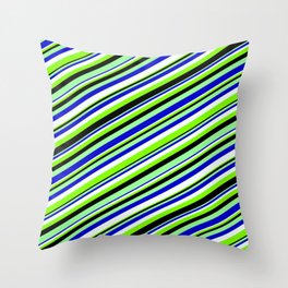 [ Thumbnail: Eyecatching Green, Blue, Mint Cream, Chartreuse, and Black Colored Lined/Striped Pattern Throw Pillow ]