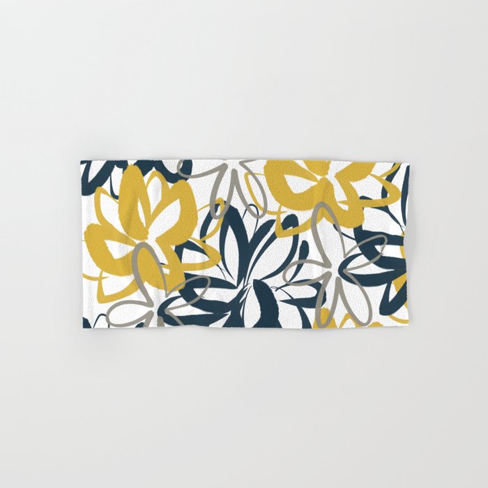 Lotus Garden Painted Floral Pattern in Light Mustard Yellow, Navy Blue, and Gray on White Hand & Bath Towel