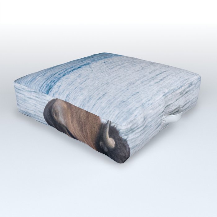 Buffalo On River Wildlife Yellowstone Park Print Outdoor Floor Cushion