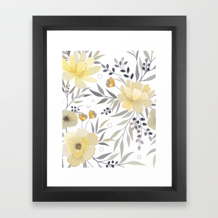 Modern, Floral Prints, Yellow, Gray and White Framed Art Print