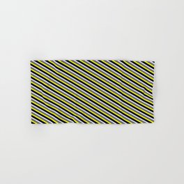 [ Thumbnail: Dim Grey, Yellow, Black, and Lavender Colored Striped Pattern Hand & Bath Towel ]