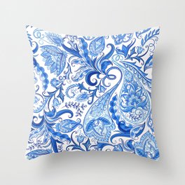 Blue Paisley Pattern Throw Pillow