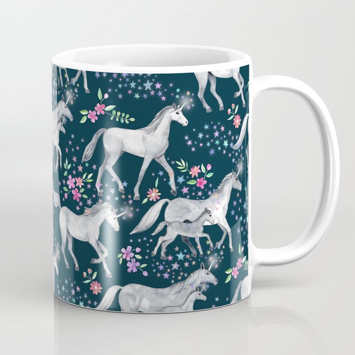 Unicorns And Stars On Dark Teal Coffee Mug By Micklyn