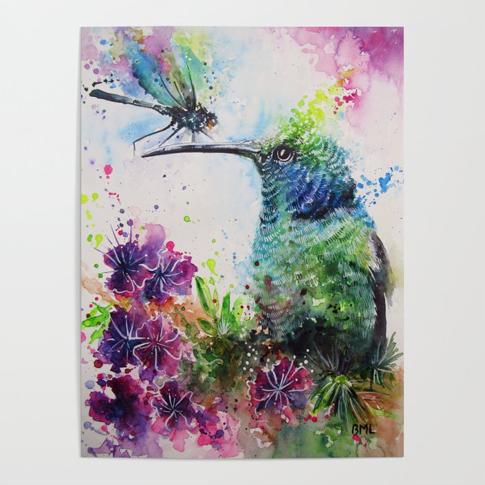 Hummingbird And Dragonfly Poster
