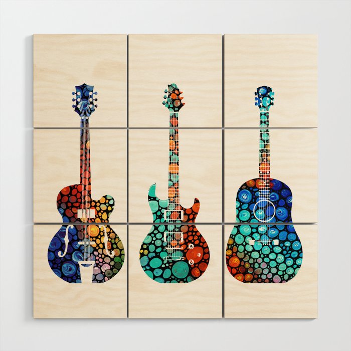 Modern Mosaic Music Art Three Colorful Guitars Wood Wall Art