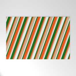 [ Thumbnail: Tan, Mint Cream, Dark Green & Red Colored Stripes Pattern Welcome Mat ]