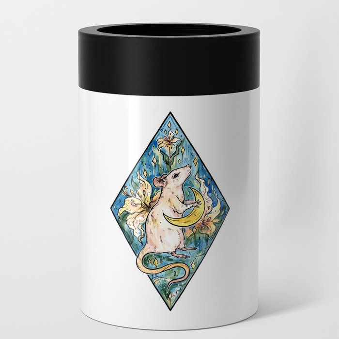 Rat with moon and lily ~ watercolor illustration Can Cooler