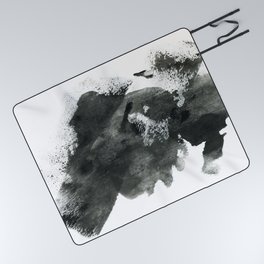Abstract ink background. Marble style. Black paint stroke texture on white paper Grunge mud art. Macro image of pen juice. Dark Smear.   Picnic Blanket