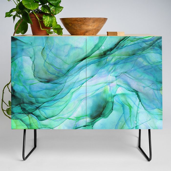 Sea Green Flowing Waves Abstract Ink Painting Credenza
