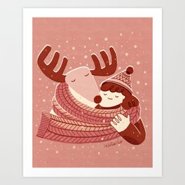 Cozy Winter Harmony, A Heartwarming Retro Illustration Depicting the Tender Connection Between a Gentle Reindeer and a Delightful Little Girl in Cozy Sweater and Scarf, Immersed in the Blissful Celebration of Winter Holidays Art Print