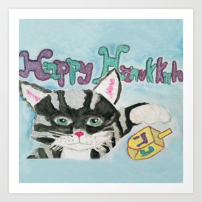 Happy Hanukkah Cat with Dreidel Art Print