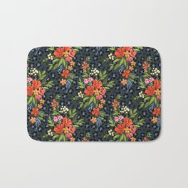 Warm Coral Maximalist Leopard Print Floral Bath Mat | Green, Coral, Blue, Olive, Red, Summer, Leopardprint, Pattern, Flowers, Painting 