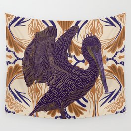 Open winged pelican bird on pattern background - purple Wall Tapestry