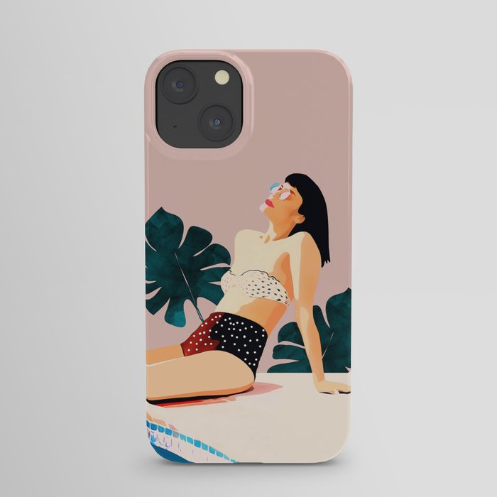 Sunday, Summer Swim Poolside Fashion, Bohemian Woman Sunbath Tan Bikini Monstera Tropical Travel iPhone Case