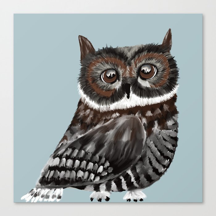 Adorable Owl In Blue Canvas Print | Painting, Digital, Owl, Blue-background, Ownl-in-blue-design, Beautiful-eyed-owl, Big-eyed-owl, Owl-with-big-eyes, Owl-home-decor, Owl-art-print