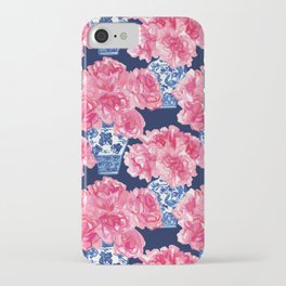 Watercolor Peony Bouquets in Blue Chinese Vases on Navy iPhone Case | Preppy, Hand Painted, Pinkandnavy, Glam, Traditional, Peonies, Spring, Beautiful, Fresh, Bloom 
