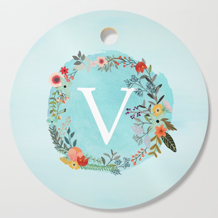 Personalized Monogram Initial Letter V Blue Watercolor Flower Wreath Artwork Cutting Board