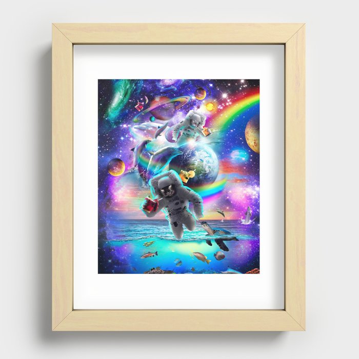 Space Cat Astronaut In Rainbow Galaxy Dolphin Rainbow Recessed Framed Print