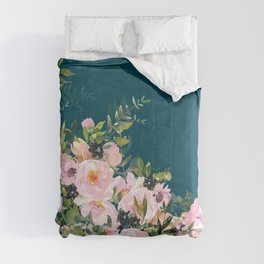 Floral Watercolor Roses, Teal and Pink, Vintage Comforter