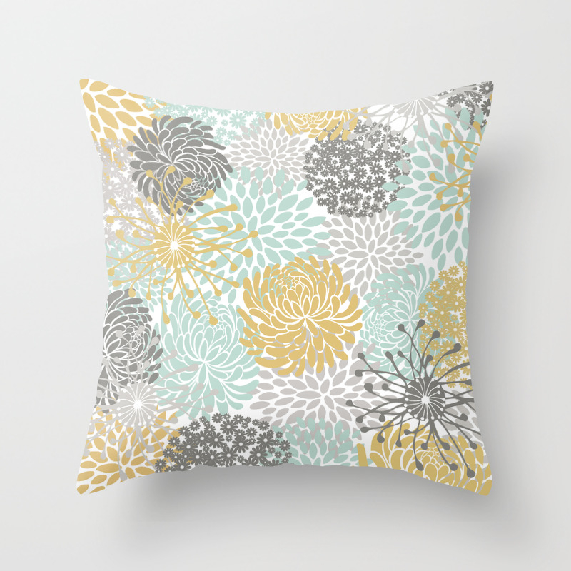 Floral Abstract Print Yellow Gray Aqua Throw Pillow By