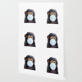 Baby Monkey Blowing Blue Bubble Gum, Baby Boy, Kids, Baby Animals Art Print by Synplus Wallpaper