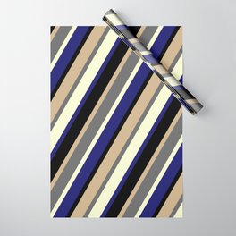 [ Thumbnail: Vibrant Tan, Dim Grey, Light Yellow, Midnight Blue & Black Colored Lines/Stripes Pattern Wrapping Paper ]