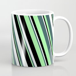 [ Thumbnail: Dark Slate Gray, Green, Black & Mint Cream Colored Stripes/Lines Pattern Coffee Mug ]