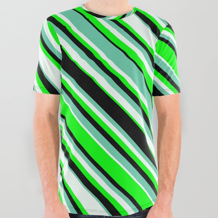 Aquamarine, Mint Cream, Lime, and Black Colored Pattern of Stripes All Over Graphic Tee