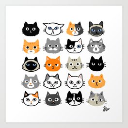 Cute Cats | Assorted Kitty Cat Faces | Fun Feline Drawings Art Print