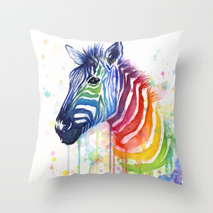 Zebra Watercolor Rainbow Animal Painting Ode to Fruit Stripes Throw Pillow