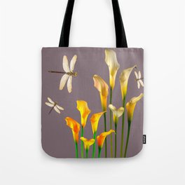 GOLD CALLA LILIES & DRAGONFLIES ON GREY Tote Bag