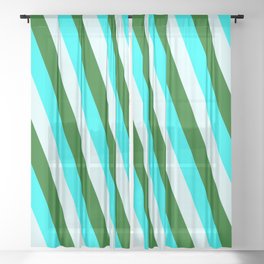 [ Thumbnail: Aqua, Light Cyan & Dark Green Colored Stripes Pattern Sheer Curtain ]
