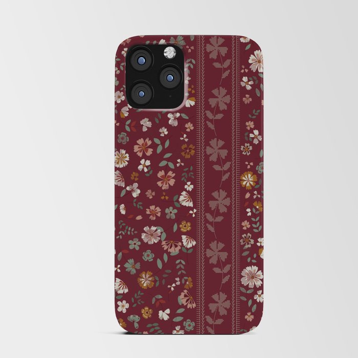 crafted heritage vintage flowers and cross stitches stripe on dark red iPhone Card Case