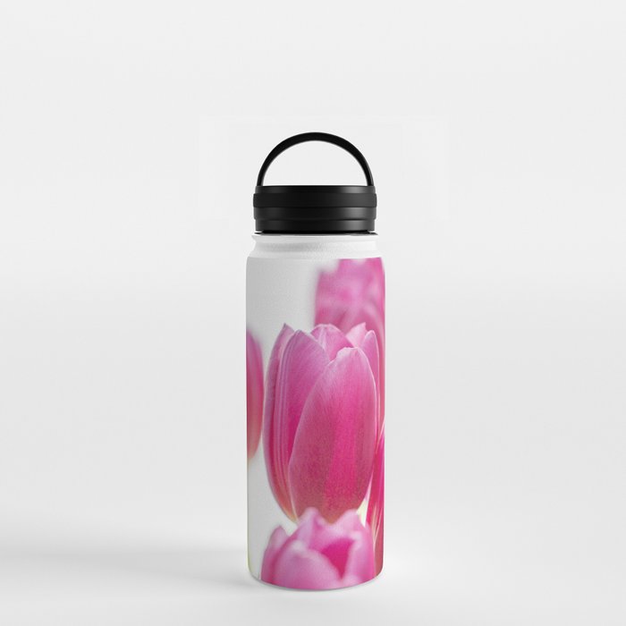 Summer floral bright pink tulips art print - spring flowers green leaves - nature photography Water Bottle