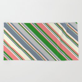 [ Thumbnail: Eye-catching Beige, Light Coral, Forest Green, Grey, and Slate Gray Colored Lined/Striped Pattern Beach Towel ]