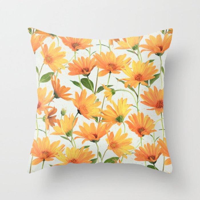 Painted Radiant Orange Daisies on off-white Throw Pillow
