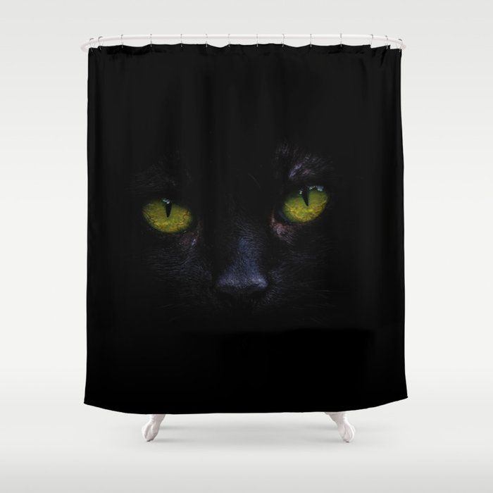 Black Cat Green Eyes Face (Color) Shower Curtain
