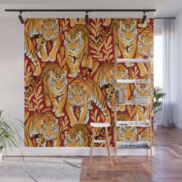 The Hunt - Golden Orange Tigers on Crimson Red Wall Mural