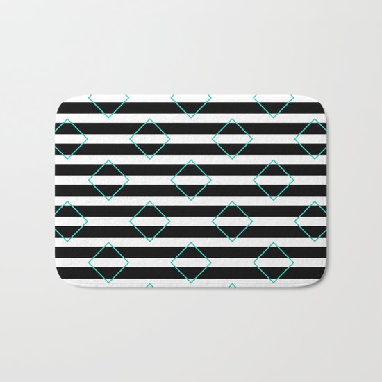 Black and White Stripes And Cyan Blue Squares Pattern Bath Mat