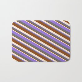 [ Thumbnail: Beige, Purple, Dim Grey, and Brown Colored Striped/Lined Pattern Bath Mat ]