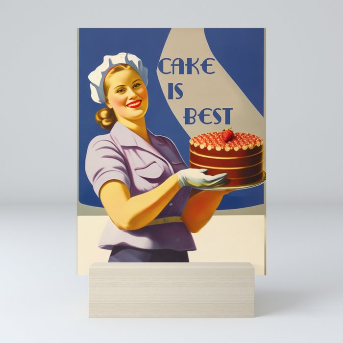 A beautiful smiling female pastry chef holding a chocolate layer cake with strawberry on top a vintage and nostalgic Mini Art Print