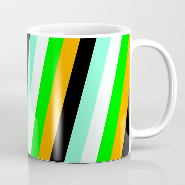Vibrant Lime, Orange, Black, Aquamarine & Mint Cream Colored Pattern of Stripes Coffee Mug