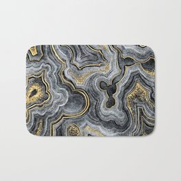 Dark Gray + Gold Stylized Geode Ripples Bath Mat | Wavy, Agate, Dreamy, Trippy, Stylized, Gray, Surreal, Black And Yellow, Crystal, Geode 