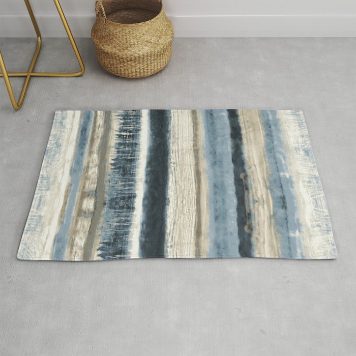 Distressed Blue and White Watercolor Stripe Rug
