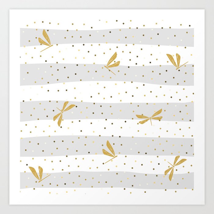 Gold Dragonfly Christmas seamless pattern and Gold Confetti on White and Pastel Grey Stripes Background Art Print