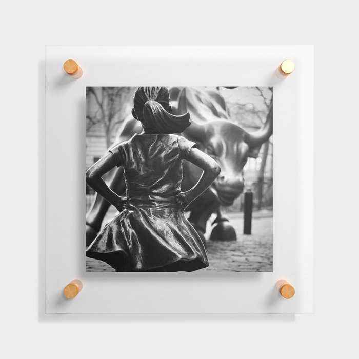 Fearless Girl facing down the Charging Bull statue of Wall Street black and white photography Floating Acrylic Print
