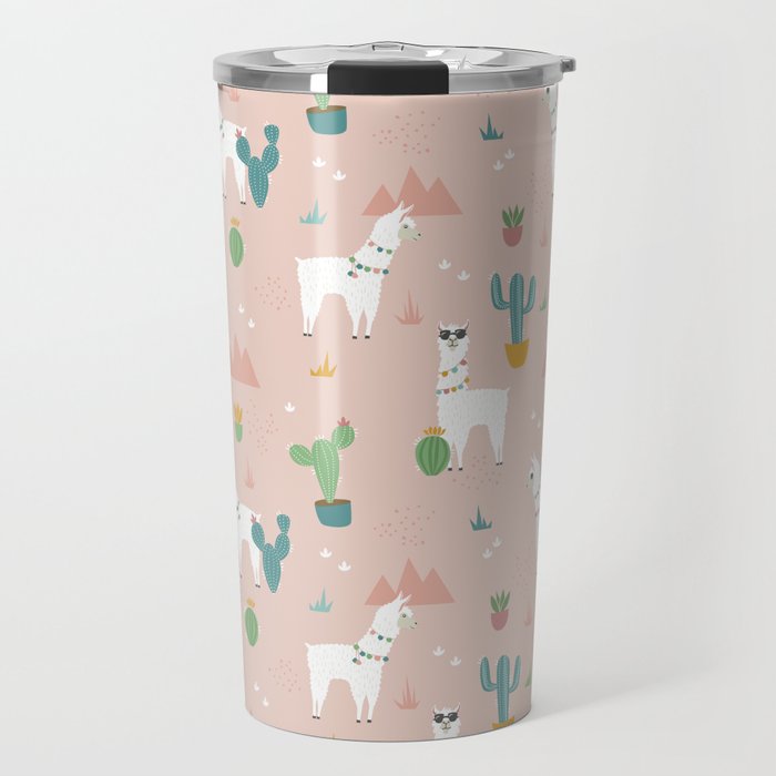 Summer Llamas on Pink Travel Mug