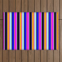 [ Thumbnail: Vibrant Turquoise, Fuchsia, Orange, Blue & Black Colored Striped/Lined Pattern Outdoor Rug ]